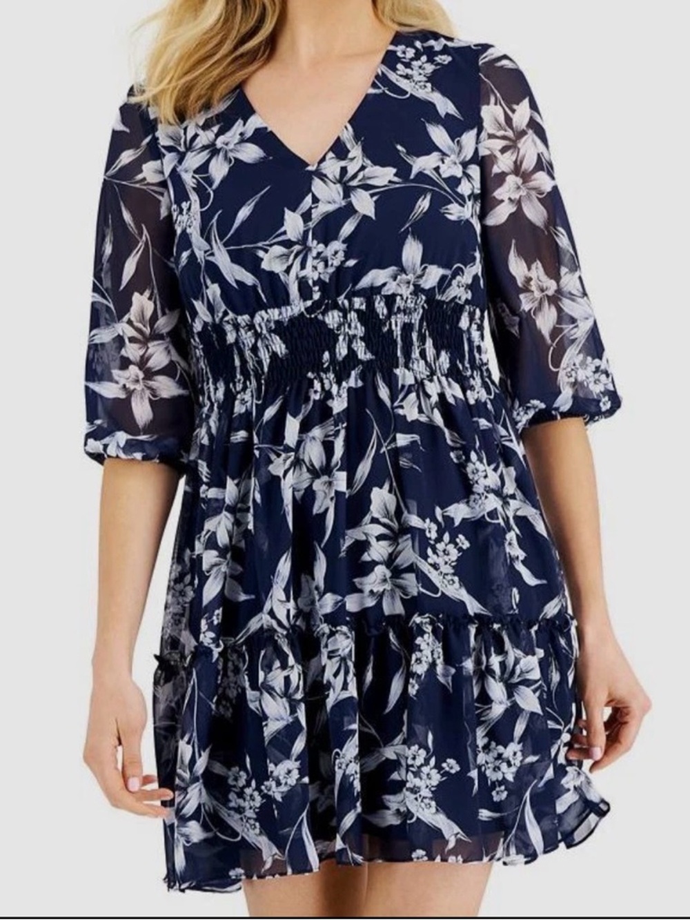 NWT-Just Taylor Navy Floral Tiered V-Neck Dress Size 10
